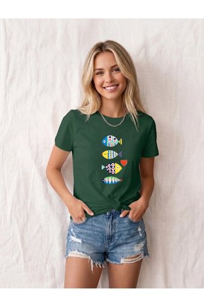 Unisex Renkli Balıklar Baskılı Bej Tişört Baskılı Tasarım Tshirt