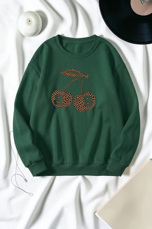 Unisex Leopar Desenli Kiraz Baskılı Bisiklet Yaka Sweatshirt