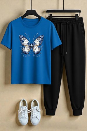 Unisex Desenli Kelebek Baskılı Tasarım Tshirt - 2'li Eşofman Takımı