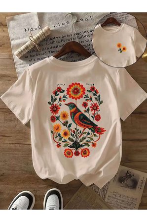 Boho-Chic Çiçekli Kuş Baskılı Tasarım Tshirt