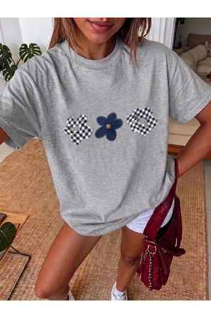 Unisex Ekose Desenli Çiçek Baskılı Tasarım Tshirt