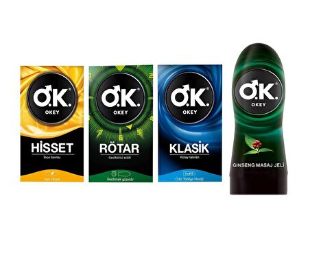 OKEY Hisset - Rötar - Klasik Prezervatif 3x10'lu + Ginseng Özlü Masaj Jeli ve Kayganlaştırıcı 200ml