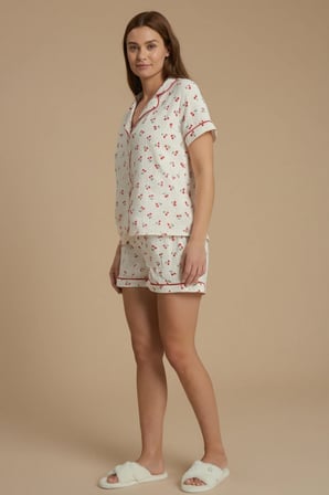 Laperissa Kadın Cherry Ekru Biyeli Müslin Dokuma Şortlu Pijama Takımı Beyaz 46 Beden