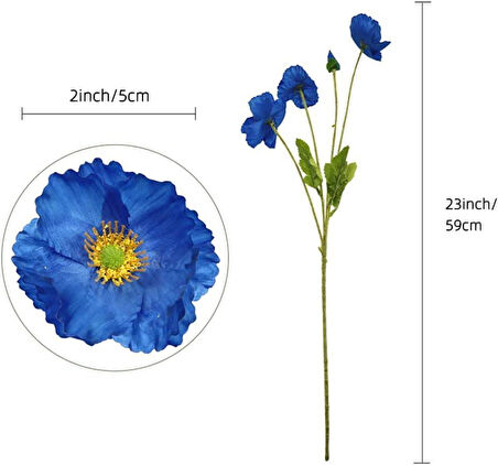 Yapay Çiçek Gelincik Çiçeği Mavi Koyu Renk 3 Çiçek 1 Tomurcuk 59Cm