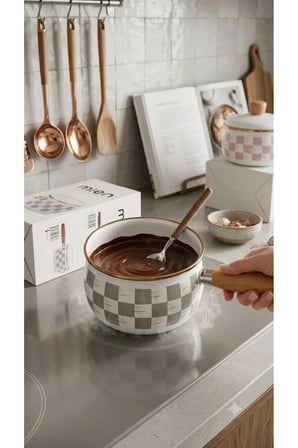 Ahşap Saplı Emaye Sos Tavası 16 cm (1.2 Lt) – Damalı Desenli İndüksiyon Uyumlu Sütlük ve Sosluk