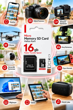 16 GB Micro SD Kart + SD Adaptör – Class 10 Hızlı Hafıza Kartı, Fotoğraf Video ve Dosya Depolama İçin
