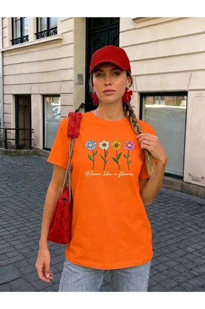 Unisex Flowers Baskılı Tasarım Tshirt