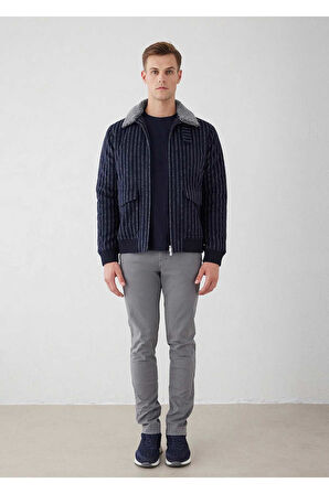 Mendes Lacivert Renk Çizgili Yün Mont