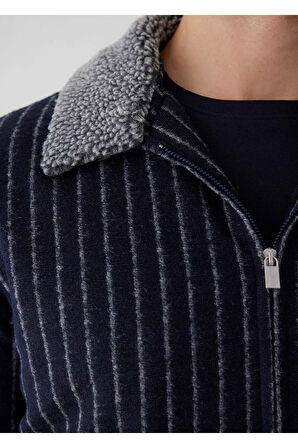 Mendes Lacivert Renk Çizgili Yün Mont