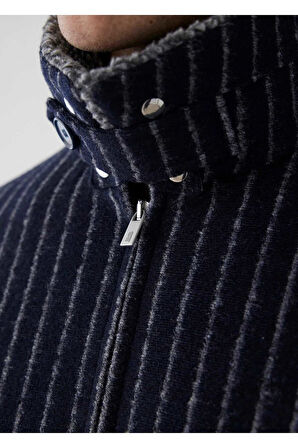 Mendes Lacivert Renk Çizgili Yün Mont