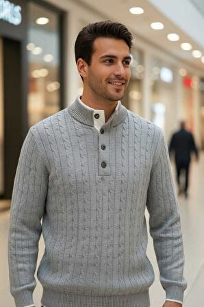 Ayon Gri Renk Düğmeli Yaka Saç Örgü Kaşmir Triko