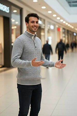 Ayon Gri Renk Düğmeli Yaka Saç Örgü Kaşmir Triko