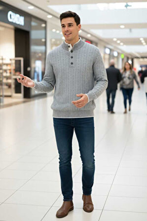 Ayon Gri Renk Düğmeli Yaka Saç Örgü Kaşmir Triko