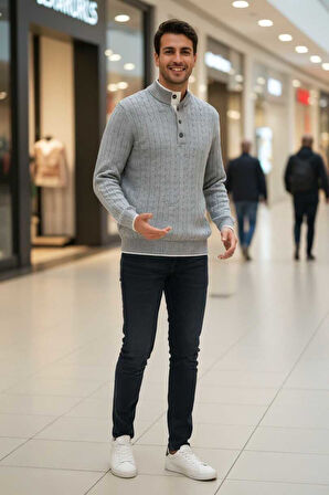 Ayon Gri Renk Düğmeli Yaka Saç Örgü Kaşmir Triko