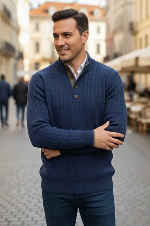 Ayon Lacivert Renk Düğmeli Yaka Saç Örgü Kaşmir Triko