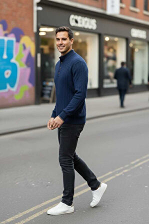 Ayon Lacivert Renk Düğmeli Yaka Saç Örgü Kaşmir Triko