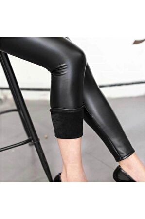 Içi Peluşlu Yüksek Bel Korsajlı  Deri Tayt