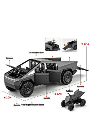 1/32 Tesla Cybertruck Pikap Model Metal Off Road Koleksiyonu Sesli Işıklı Çek Bırak ( Kutusuz )