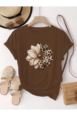 Unisex Leopar Desenli Papatya Baskılı Tasarım Tshirt