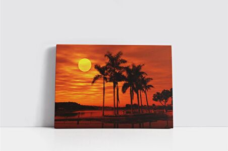 Palmiye Eşliğinde Günn Batımı Kanvas Tablo