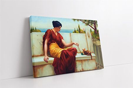 Kediyle Oynayan Kadın Kanvas Tablo