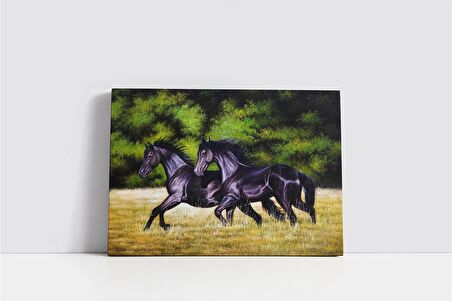 Koşan İkili Siyah At Kanvas Tablo
