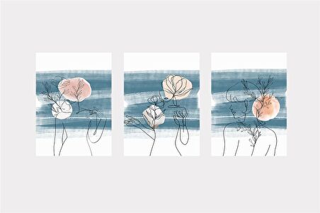 Line Art Kadın Silüeti Üçlü Set Kanvas Tablo
