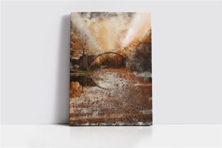 Sulu Boya Taş Köprü Nehir Manzarası Kanvas Tablo