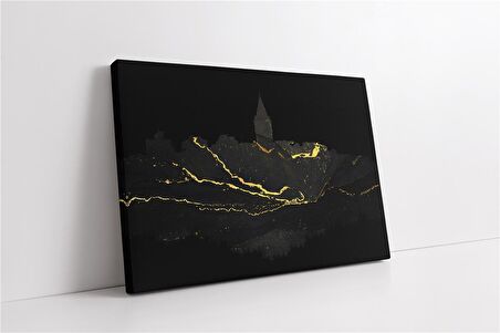 Gri Altın Soyut Desenli Galata Kulesi Kanvas Tablo