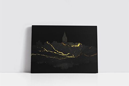 Gri Altın Soyut Desenli Galata Kulesi Kanvas Tablo