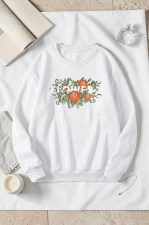Unisex Flowers Çiçek Baskılı Bisiklet Yaka Sweatshirt