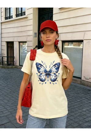 Unisex Desenli Kelebek Baskılı Tasarım Tshirt