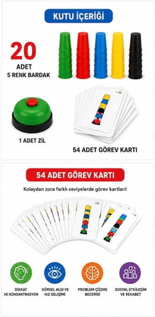Renkli ve Hızlı Süper Pratik Akıllı Bardaklar Eğitici Zeka Oyunu Çocuk ve Aile Kutu Oyunu