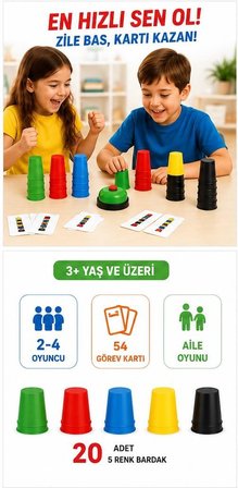 Renkli ve Hızlı Süper Pratik Akıllı Bardaklar Eğitici Zeka Oyunu Çocuk ve Aile Kutu Oyunu