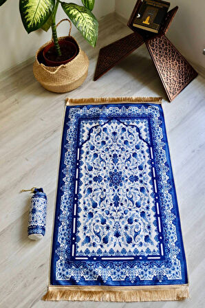 Gülhan Desenli Ipek Dokulu Keseli Seccade S1028 Lacivert Renk