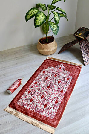 Rumi Desenli İpek Dokulu Keseli Seccade S1030 Kırmızı Renk