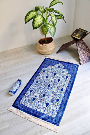 Rumi Desenli İpek Dokulu Keseli Seccade S1030 Lacivert Renk