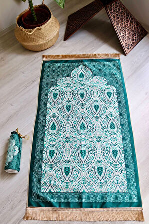 Rumi Desenli İpek Dokulu Keseli Seccade S1030 Yeşil Renk