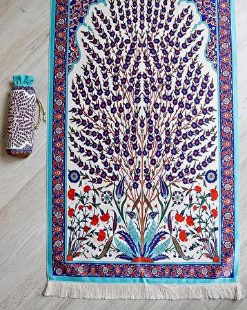 Çini Desenli İpek Dokulu Keseli Seccade Kırmızı