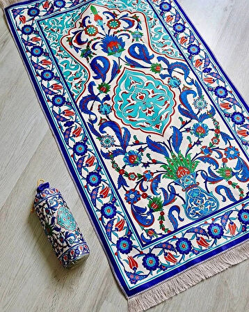 Ebru Desenli İpek Dokulu Keseli Seccade Mavi