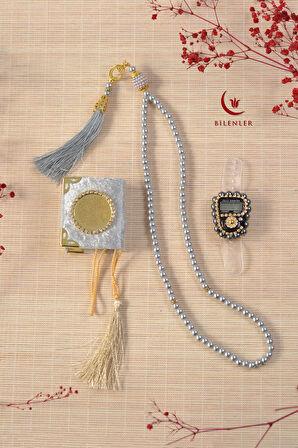 Hediyelik Kutulu Mini Kur'an İnci Tesbih ve Taşlı Zikirmatik Seti 1 Adet