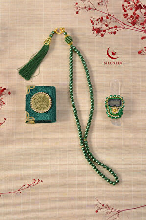 Hediyelik Kutulu Mini Kur'an İnci Tesbih ve Taşlı Zikirmatik Seti 1 Adet