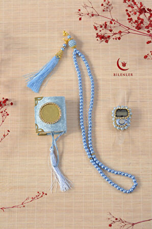 Hediyelik Kutulu Mini Kur'an İnci Tesbih ve Taşlı Zikirmatik Seti 5 Adet