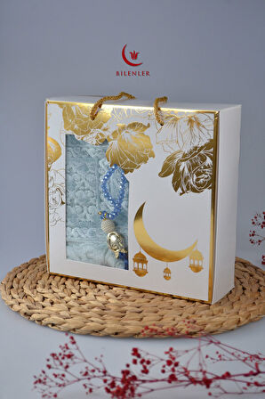 Özel Kutulu Hediyelik Lüks Kadife Dokuma Seccade ve Kristal Tesbih Seti