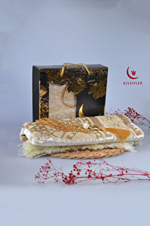 Özel Kutulu Hediyelik Lüks Kadife Dokuma Seccade ve Kristal Tesbih Seti