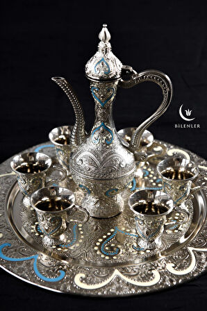 Hediyelik/ Sunumluk Osmanlı Motifli Nakışlı Gümüş Zemzem Takımı 8 Parça