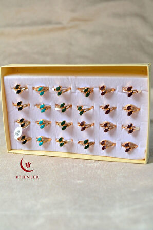 Kadın Renkli Taşlı Metal Yüzük Uzun Ömürlü,Şık Tasarım (24’lü kutu)