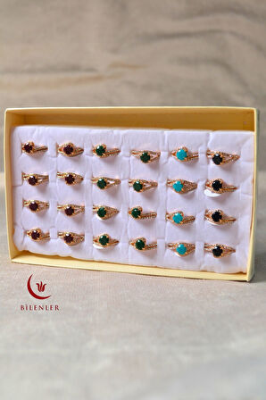 Kadın Renkli Taşlı Metal Yüzük Uzun Ömürlü,Şık Tasarım (24’lü kutu)