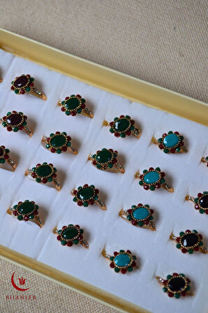 Kadın Renkli Taşlı Metal Yüzük Uzun Ömürlü,Şık Tasarım (24’lü kutu)