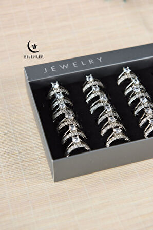 Kadın Taşlı Çift Yüzük Görünümlü Metal Yüzük Uzun Ömürlü,Şık Tasarım (24’lü kutu)